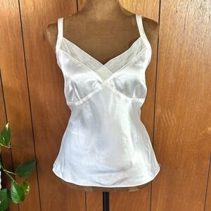 Vintage y2k George Satin Camisole Top Parchment Ivory Mesh Trim V-Neck Small